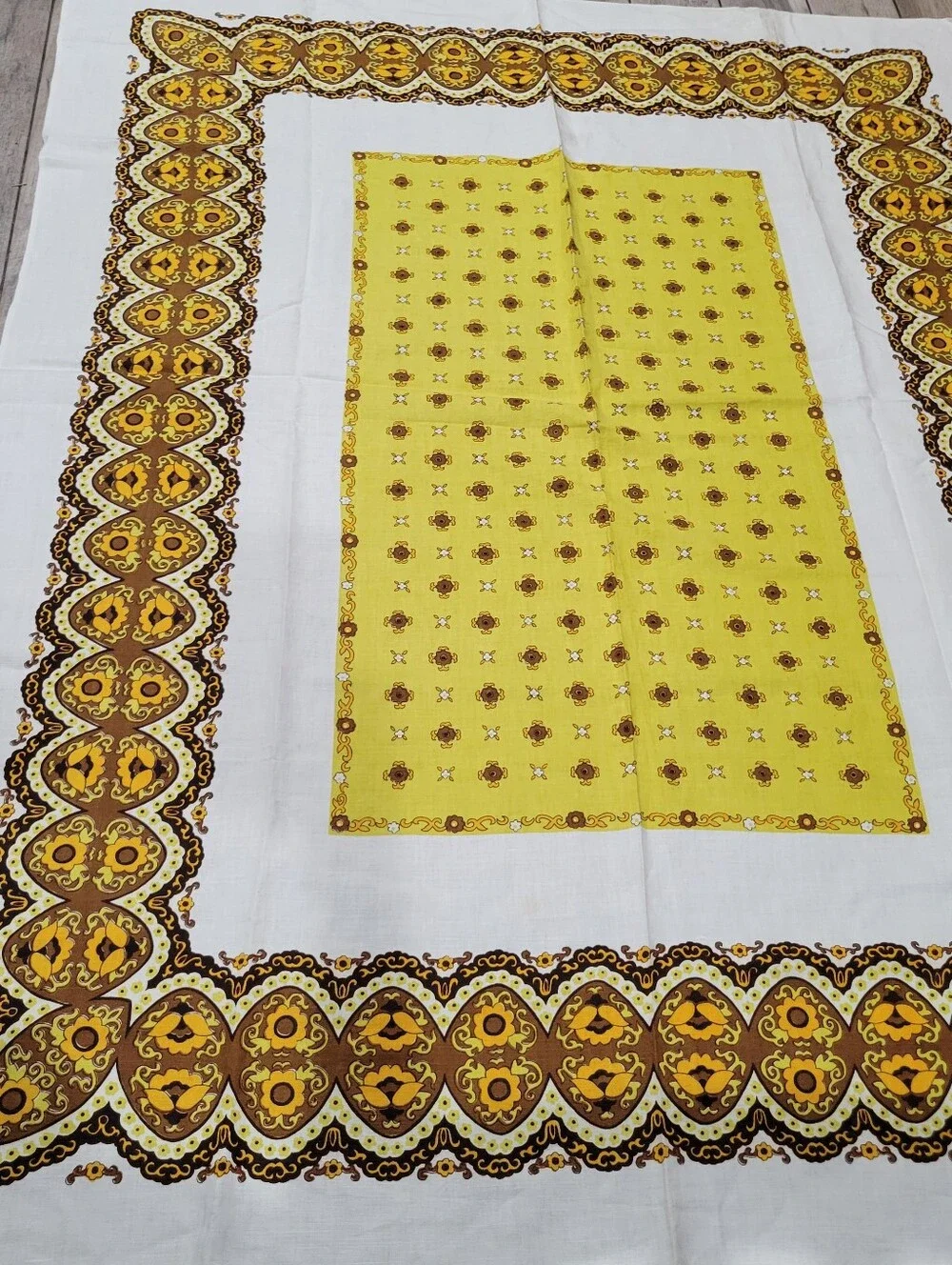 Vtg 1970s Cotton Linen Tablecloth Retro Geometric MCM 58 X 74 Square